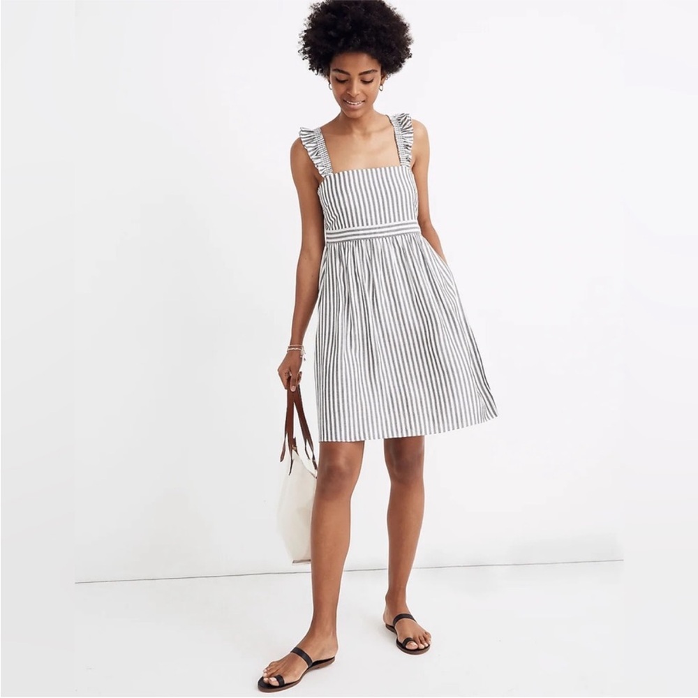 Madewell Gray and White Striped Ruffled Empire Waist Mini Dress Size 4